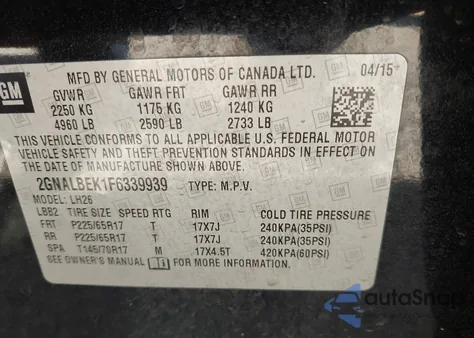 2015 Chevrolet Equinox 1Lt из США, поврежденный, VIN 2GNALBEK1F6339939